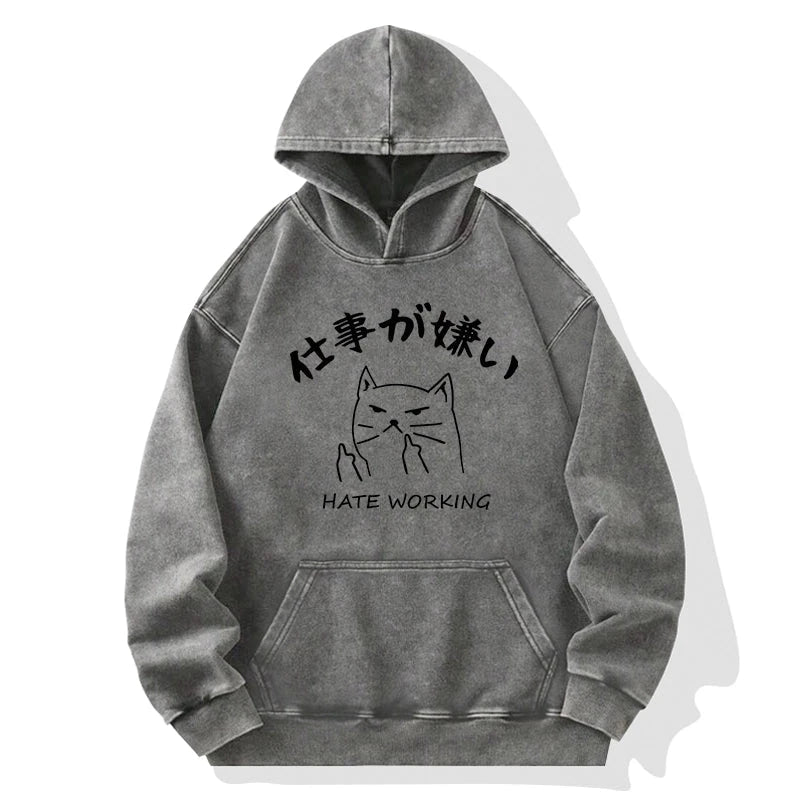 A Cat That Hates Work Washed Hoodie