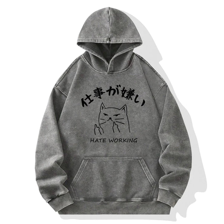 A Cat That Hates Work Washed Hoodie