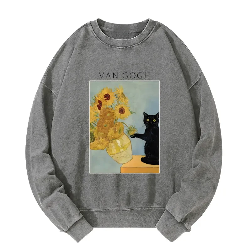 Black Cat With Sunflowers Washed Sweatshirt