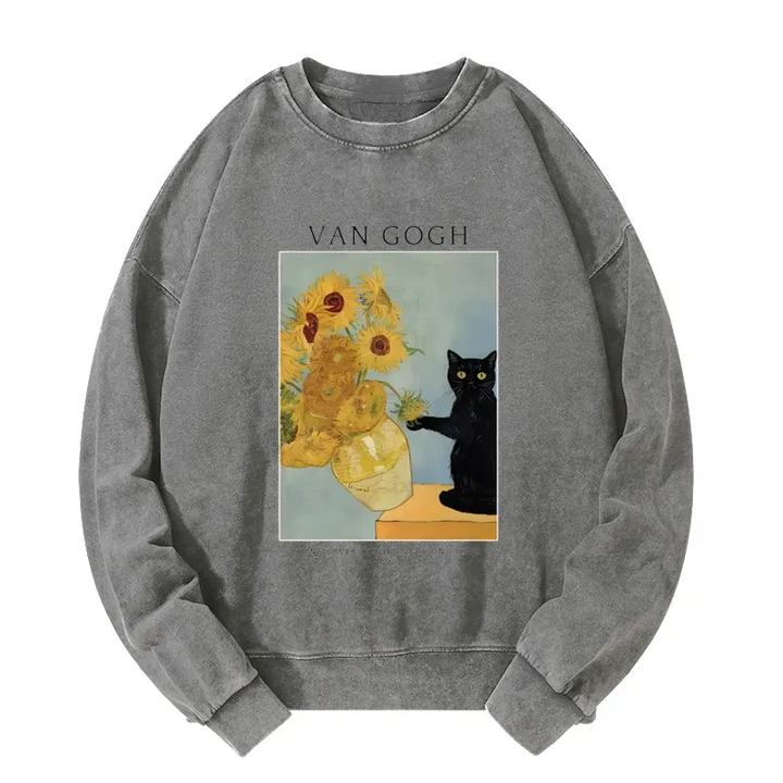 Black Cat With Sunflowers Washed Sweatshirt
