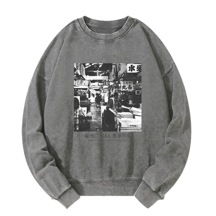 Tsukiji Fish Market Photo Washed Sweatshirt