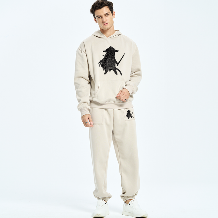Japanese Samurai Cat Fleece Lined Hoodie Set