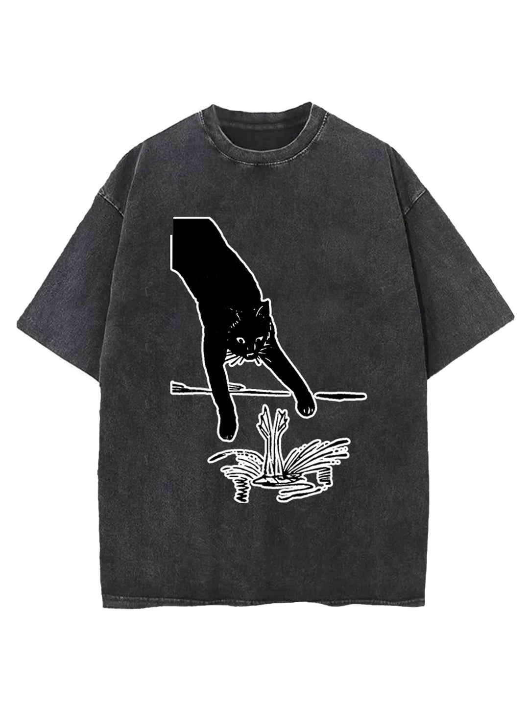 Funny Cat Catching Frog Washed Crew Neck T-shirt