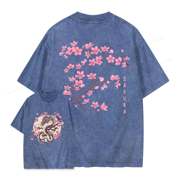 Sakura & Dragon Washed Crew Neck T-Shirt