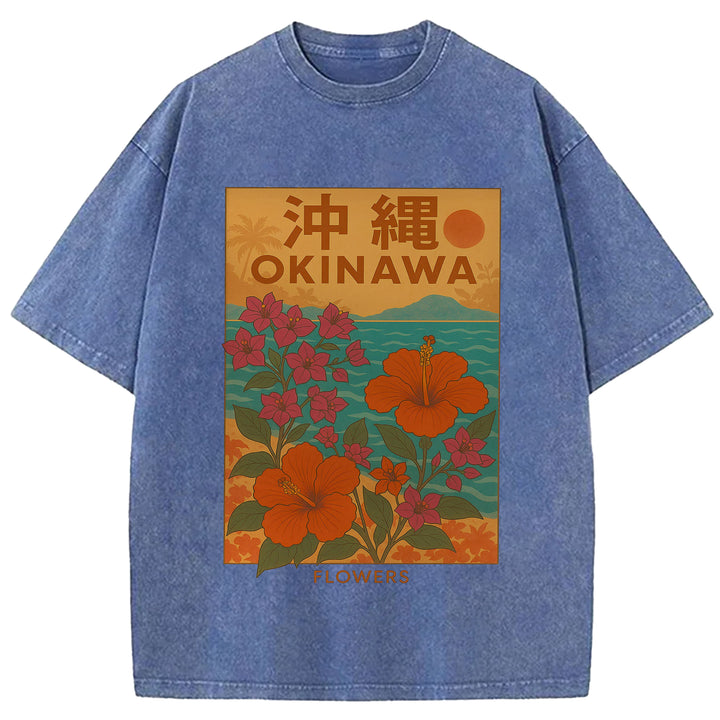 OKINAWA Flowers Design Washed Crew Neck T-Shirt