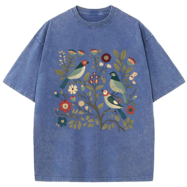 Vintage Flowers Design Washed Crew Neck T-Shirt