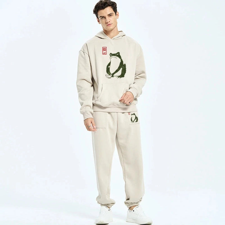 Woodblock Print Frog Fleece Lined Hoodie Set