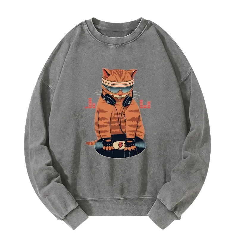 Funny Cat DJ Washed Sweatshirt