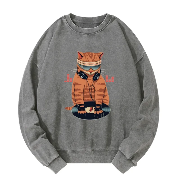 Funny Cat DJ Washed Sweatshirt