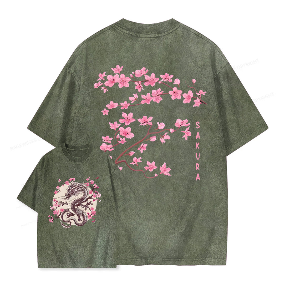 Sakura & Dragon Washed Crew Neck T-Shirt