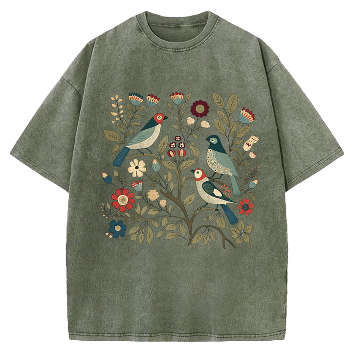 Vintage Flowers Design Washed Crew Neck T-Shirt