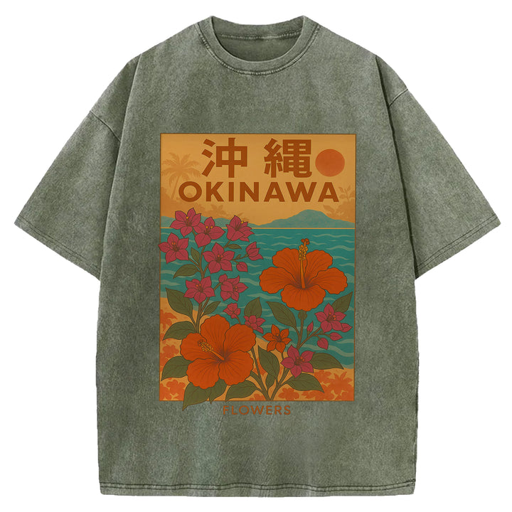 OKINAWA Flowers Design Washed Crew Neck T-Shirt