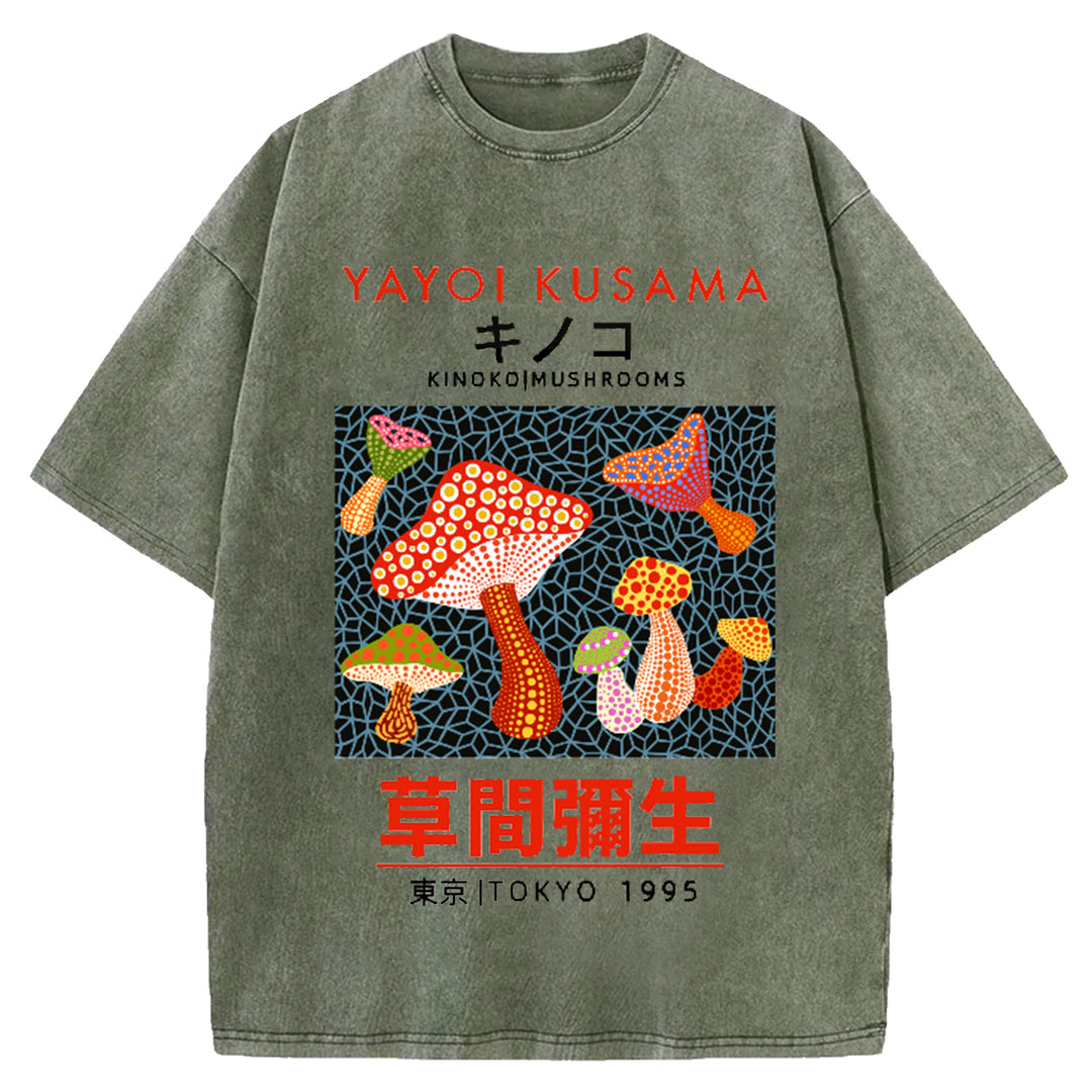 Yayoi Kusama Flower Vintage Japanese Design Washed Crew Neck T-Shirt