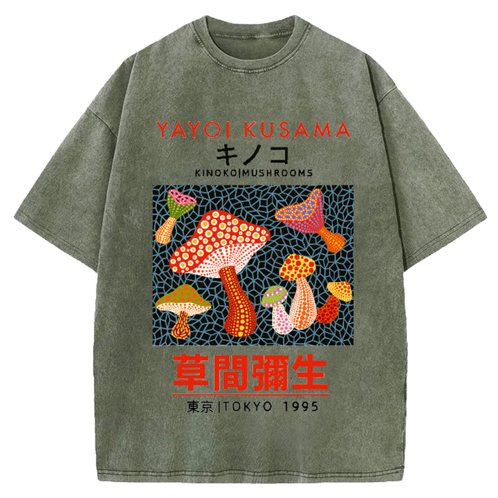 Yayoi Kusama Flower Vintage Japanese Design Washed Crew Neck T-Shirt