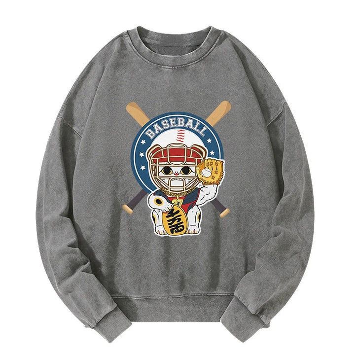 Janpaese Baseball Cat Washed Sweatshirt