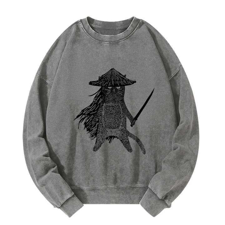 Japanese Samurai Cat Washed Sweatshirt