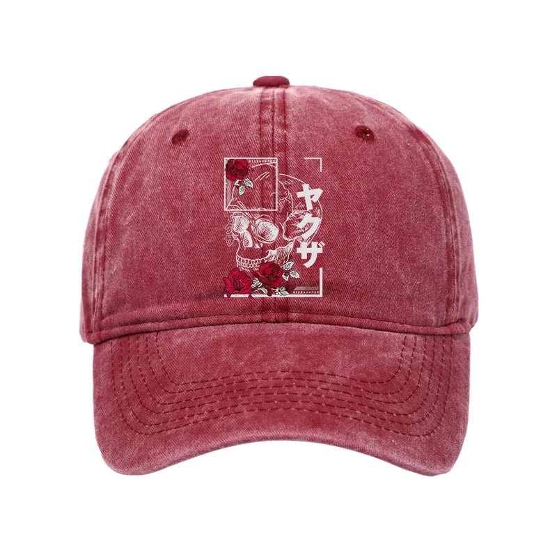 Skull Roses Japanese Aesthetic Washed Cap