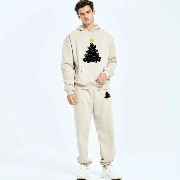Black Cat Christmas Tree Fleece Lined Hoodie Set