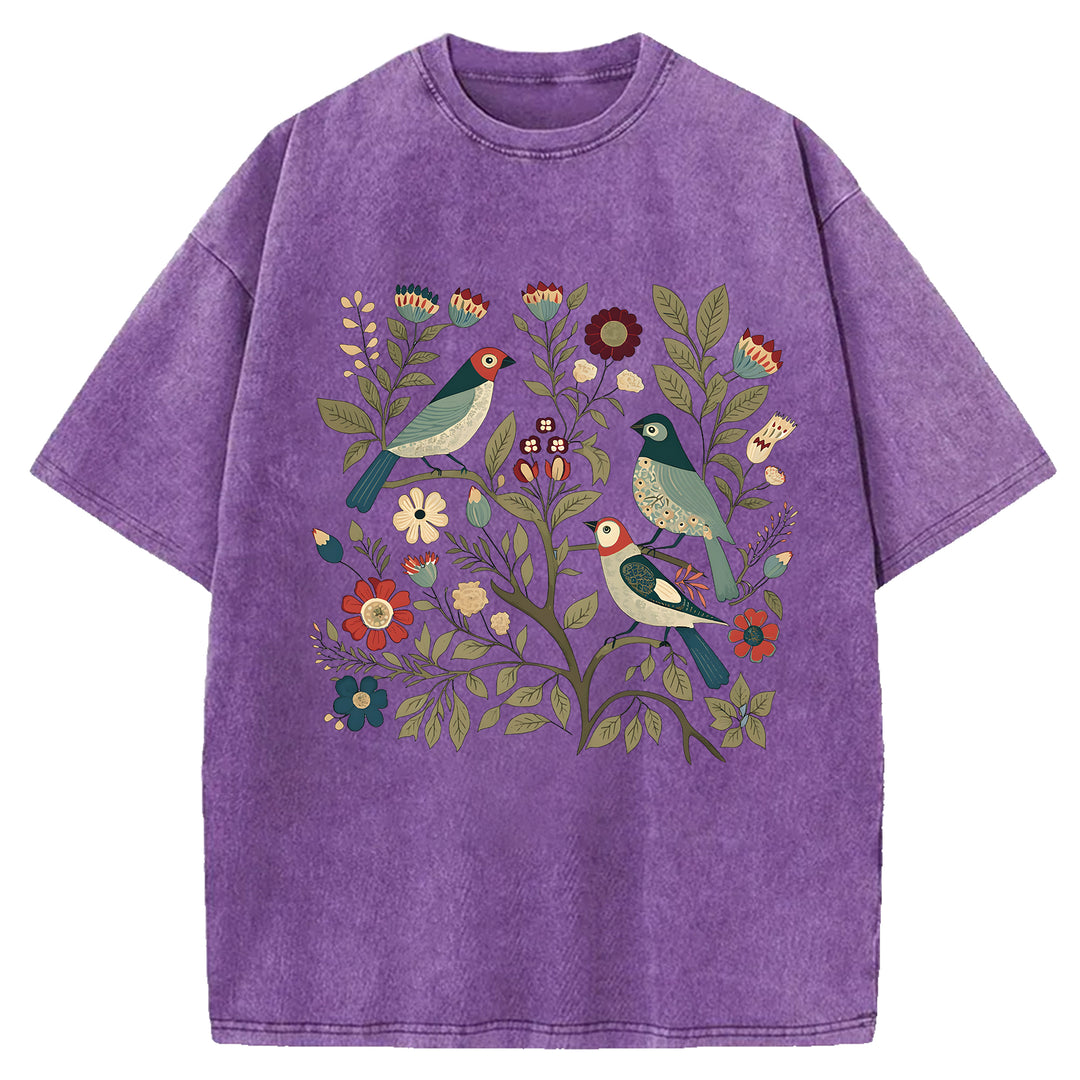 Vintage Flowers Design Washed Crew Neck T-Shirt