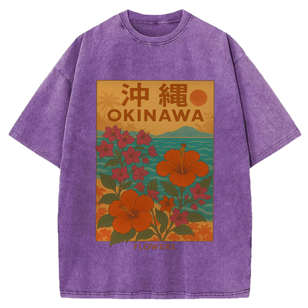 OKINAWA Flowers Design Washed Crew Neck T-Shirt