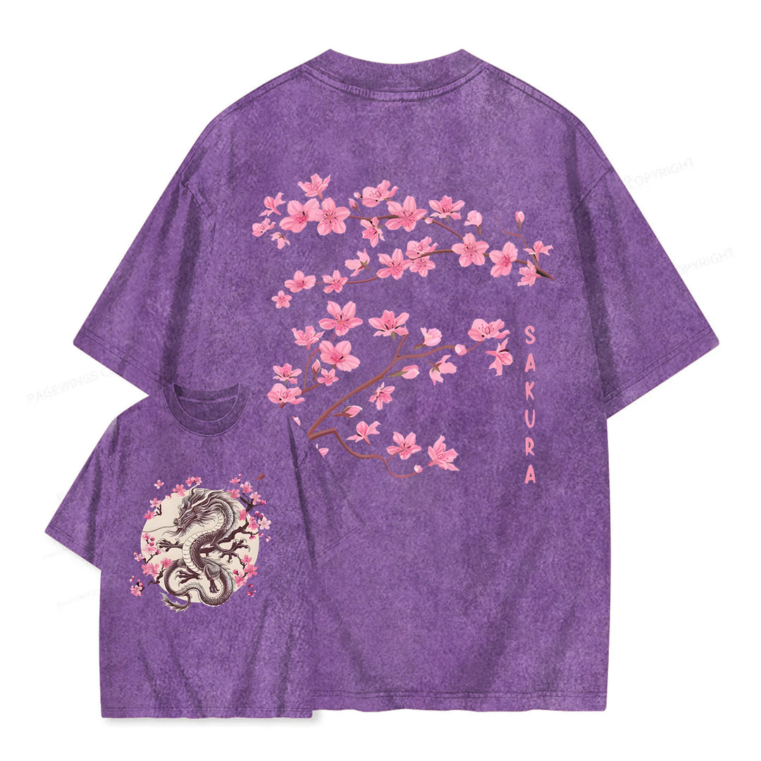 Sakura & Dragon Washed Crew Neck T-Shirt