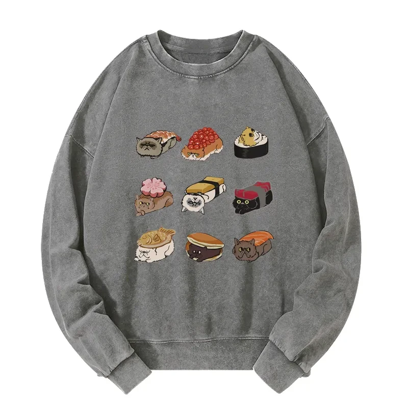 Cute Cat Sushi Washed Sweatshirt