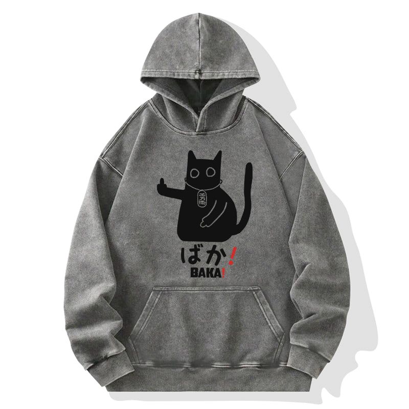 Japanese Baka Cat  Washed Hoodie