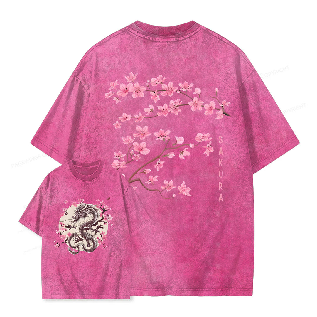 Sakura & Dragon Washed Crew Neck T-Shirt