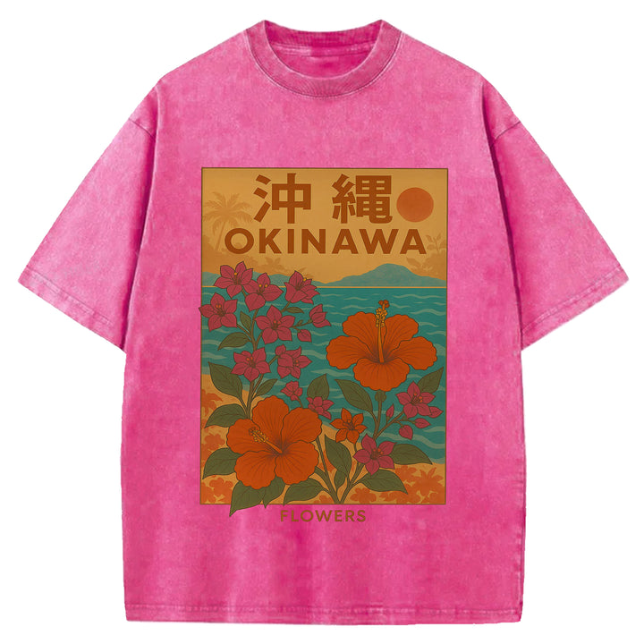 OKINAWA Flowers Design Washed Crew Neck T-Shirt