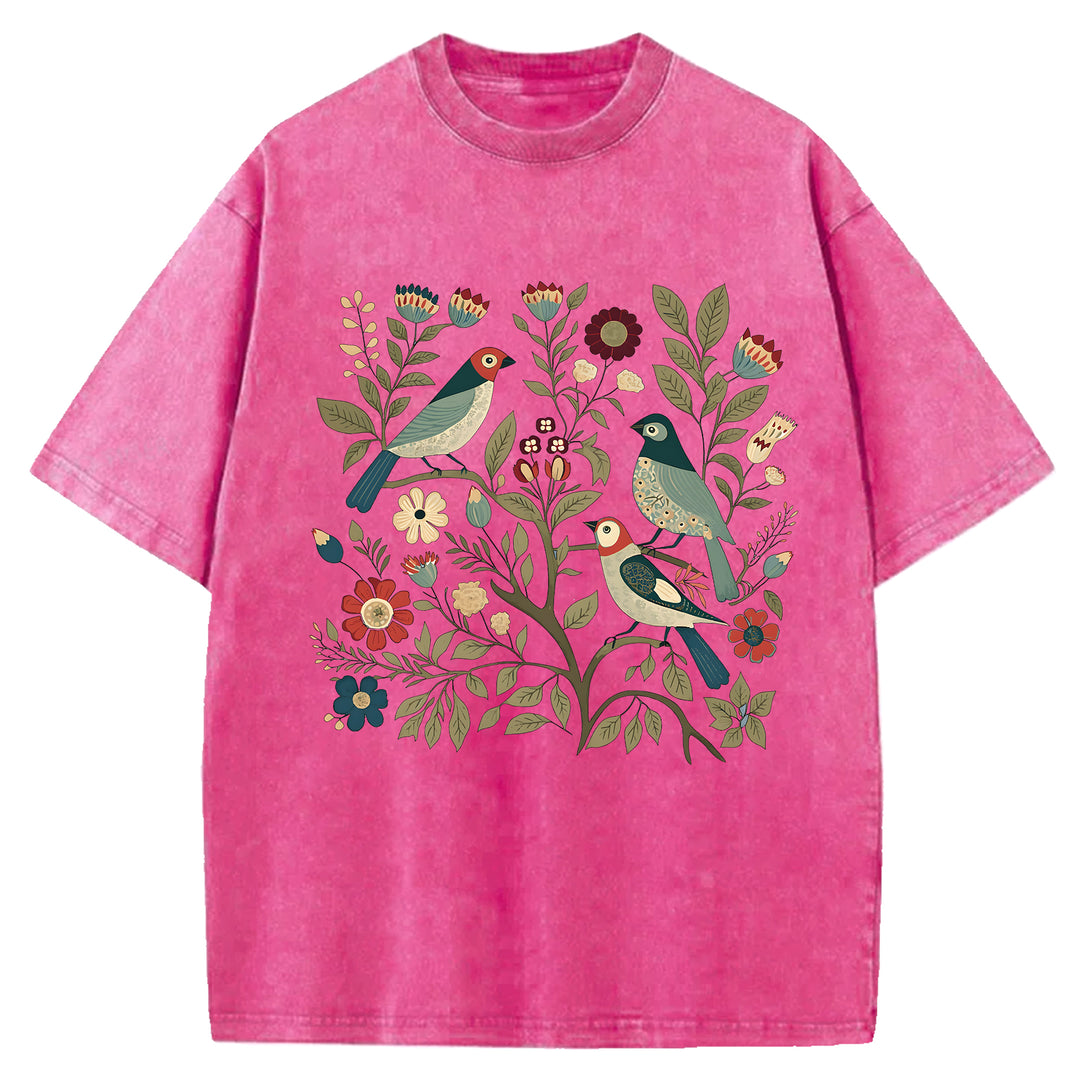 Vintage Flowers Design Washed Crew Neck T-Shirt