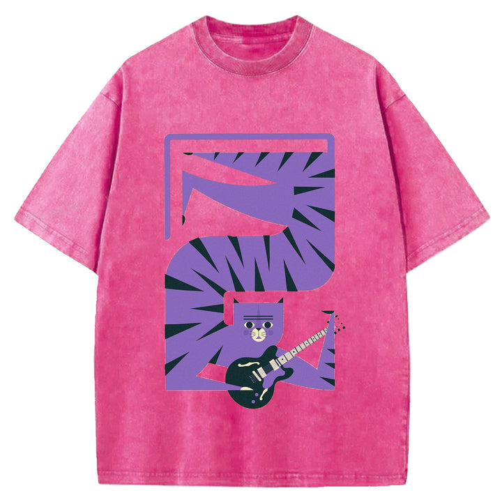 Cat and Guitar Abstract Art Washed Crew Neck T-Shirt