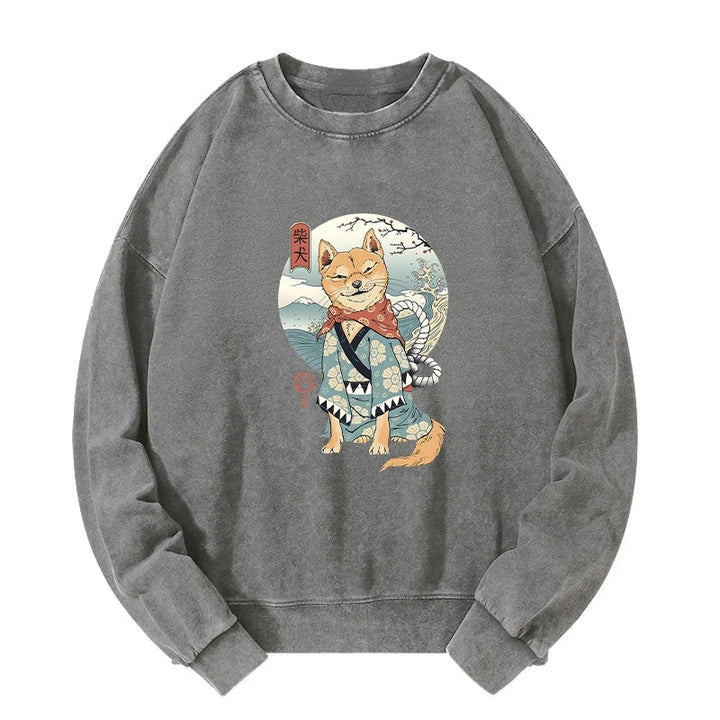 Samurai Shiba Dog Japanese Washed Sweatshirt
