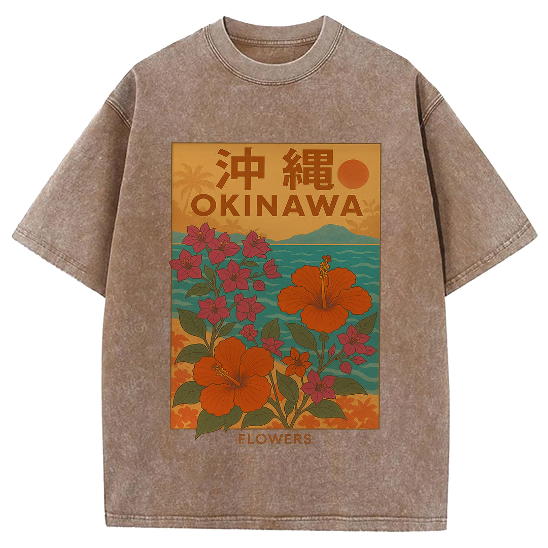 OKINAWA Flowers Design Washed Crew Neck T-Shirt