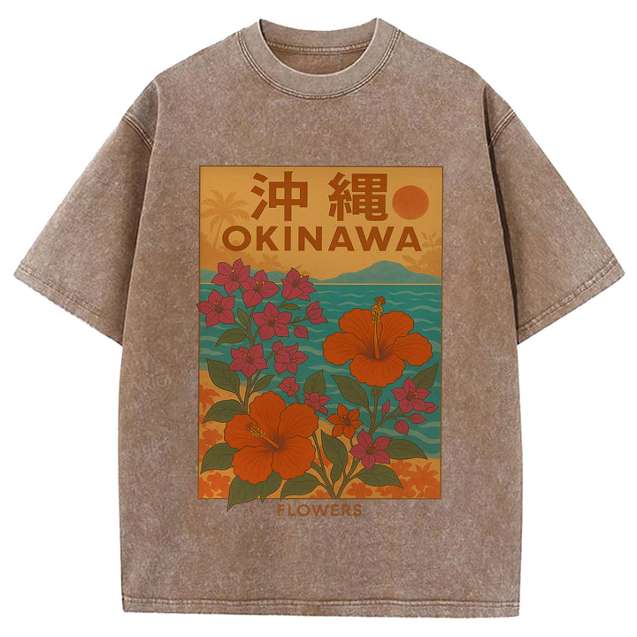 OKINAWA Flowers Design Washed Crew Neck T-Shirt