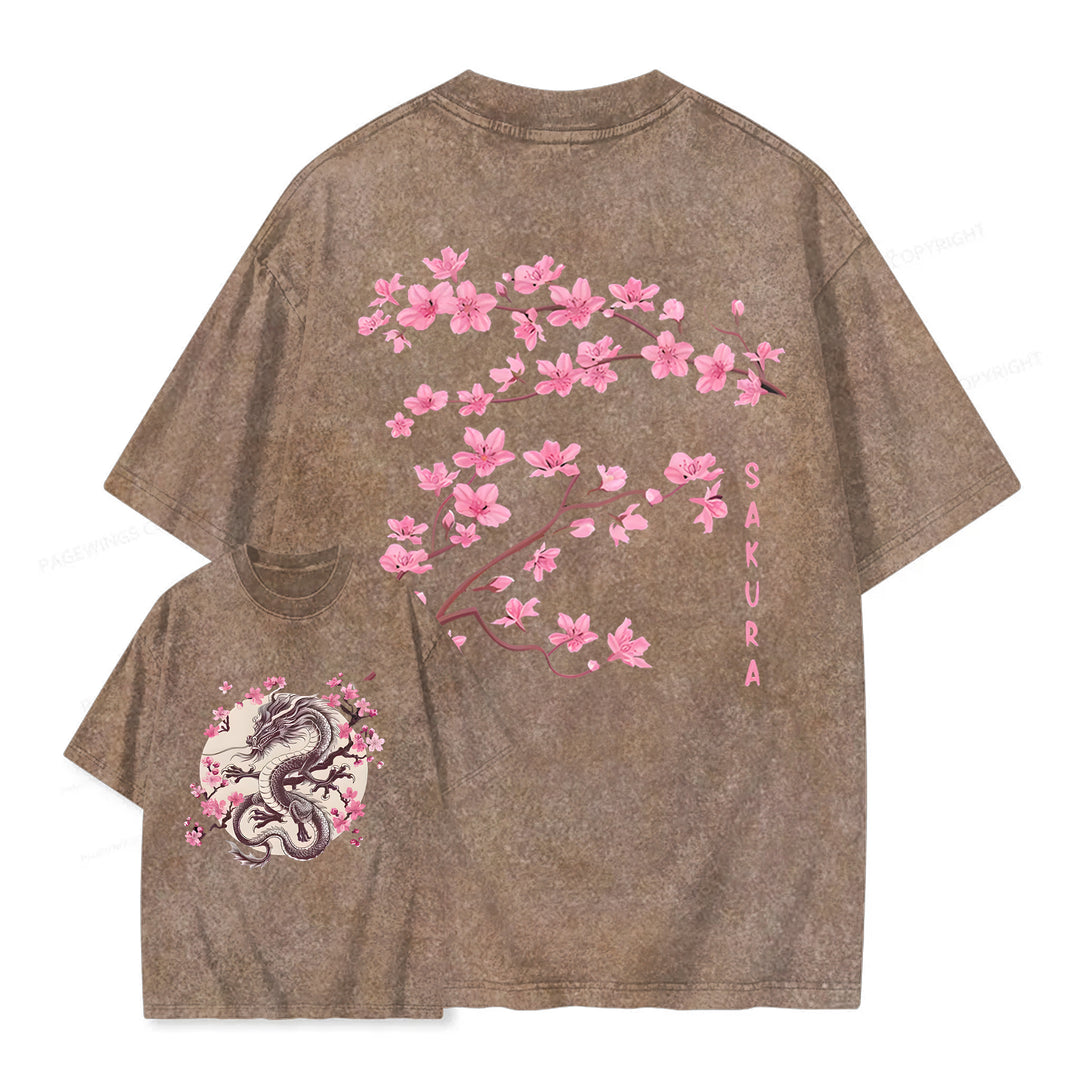 Sakura & Dragon Washed Crew Neck T-Shirt