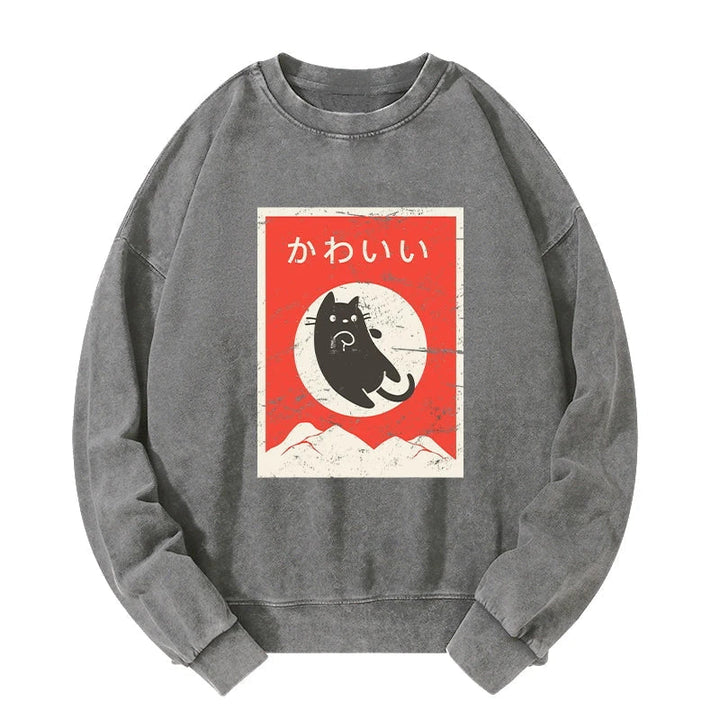Cute Black Cat Japanese Washed Sweatshirt