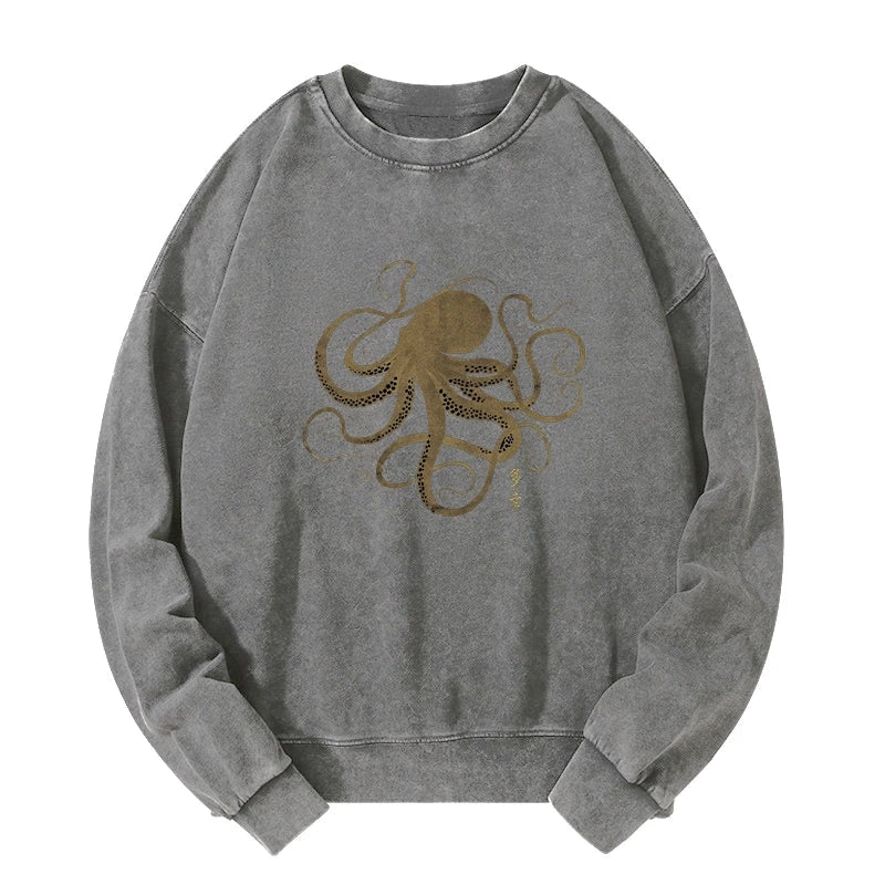 Octopus Japanese Gold Print Tattoo Washed Sweatshirt
