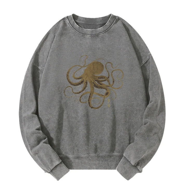 Octopus Japanese Gold Print Tattoo Washed Sweatshirt