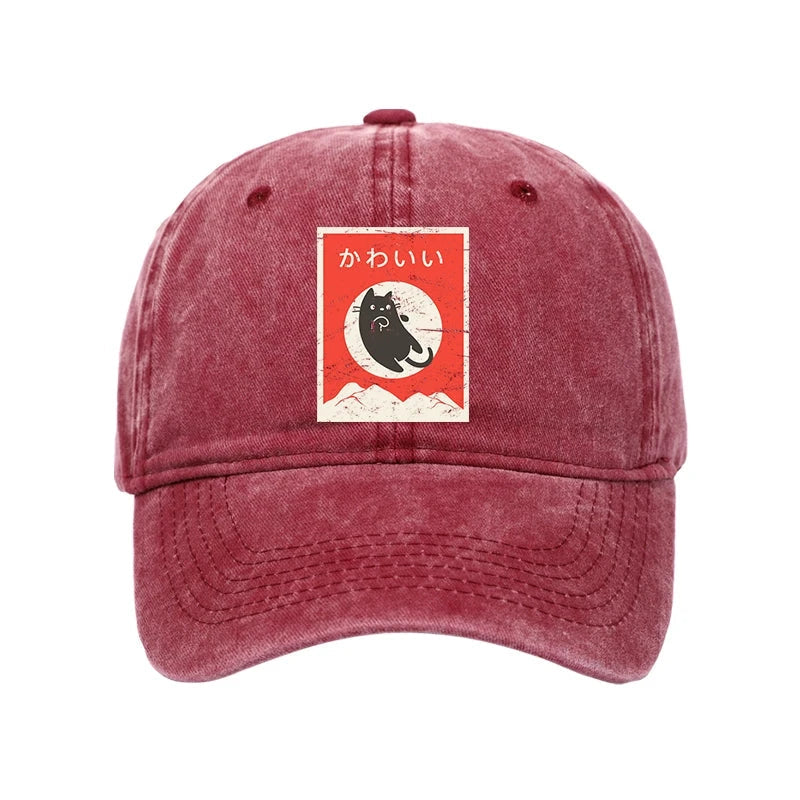 Cute Black Cat Japanese Washed Cap