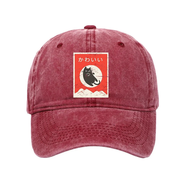 Cute Black Cat Japanese Washed Cap