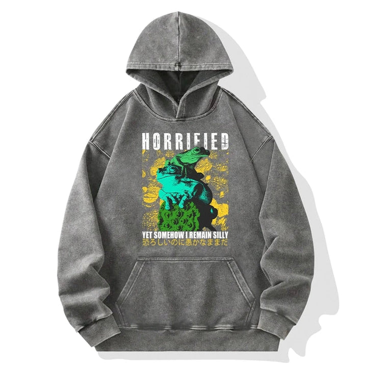 Horrified Two Frogs Funny Washed Hoodie
