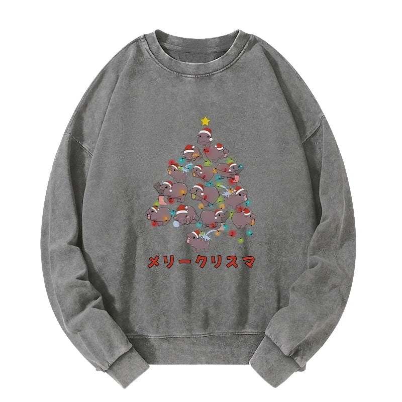 Moo Deng Christmas Tree Japanese Washed Sweatshirt