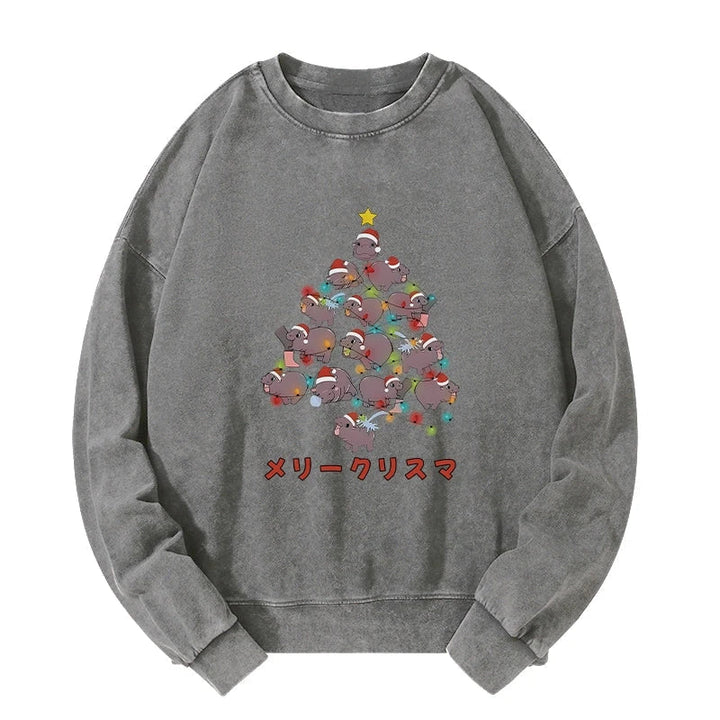 Moo Deng Christmas Tree Japanese Washed Sweatshirt
