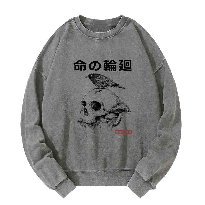 Mushroom Skull Manga Horror Print Washed Sweatshirt