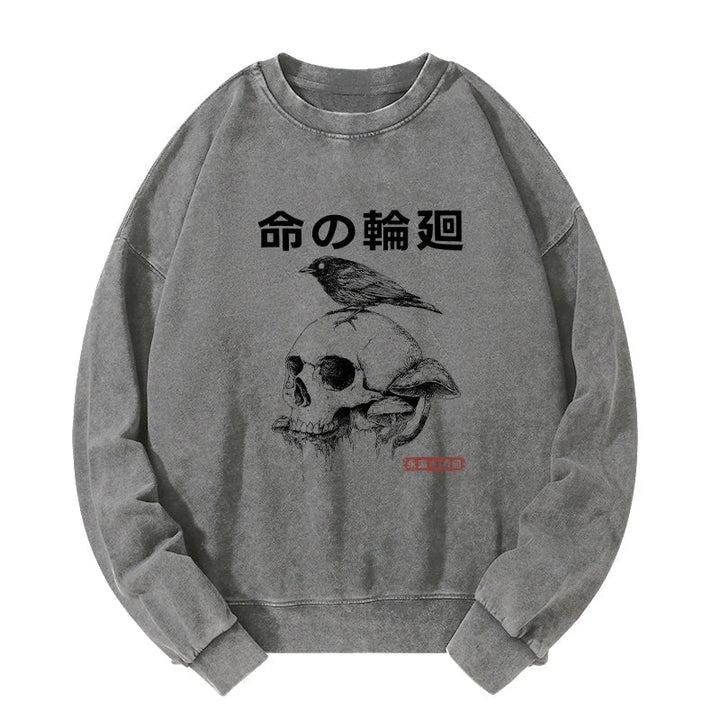 Mushroom Skull Manga Horror Print Washed Sweatshirt