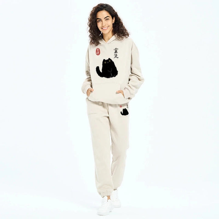 Black Civet Cat Fleece Lined Hoodie Set