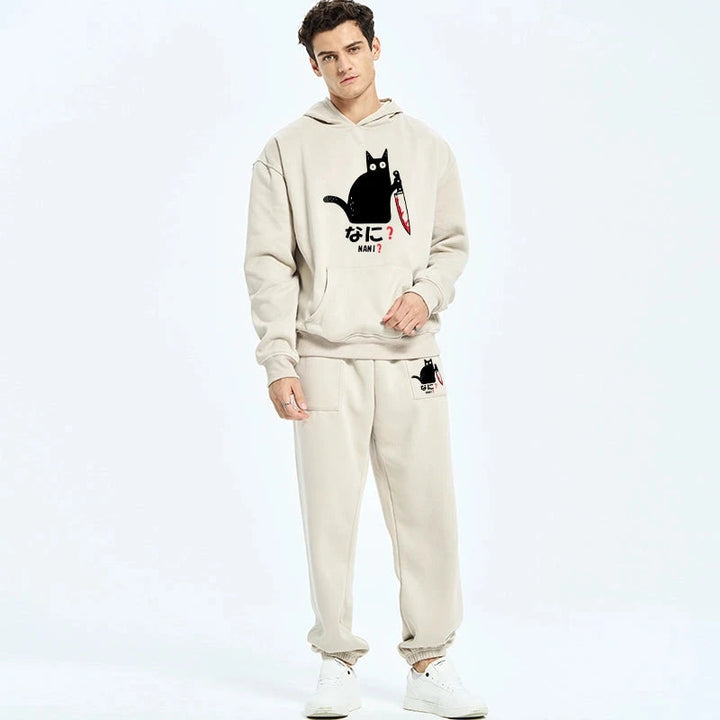 A Puzzled Cat Holding A Knife Fleece Lined Hoodie Set