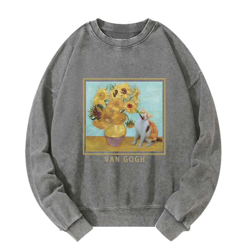 Naughty Cat Biting Sunflower Washed Sweatshirt