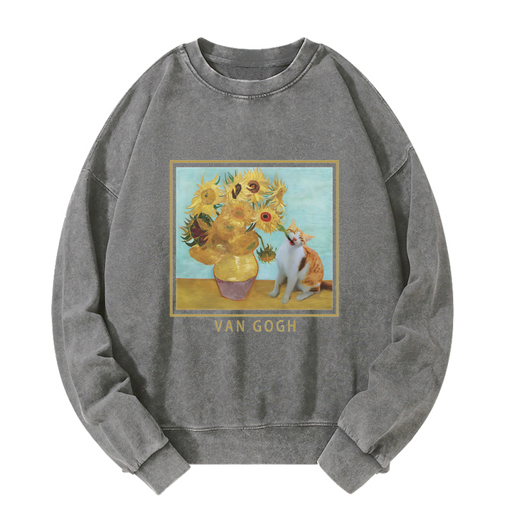 Naughty Cat Biting Sunflower Washed Sweatshirt
