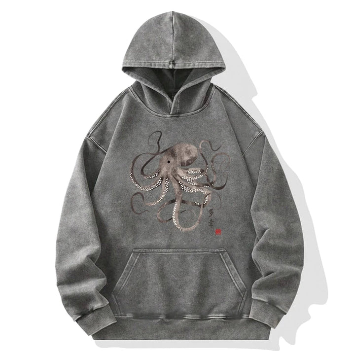 Octopus Japanese Calligraphy Washed Hoodie